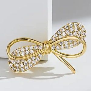 Bowknot Rhinestone Brooch Pin Lapel Gold Bow Sparkle Glam Simple Mimimalist GIFT